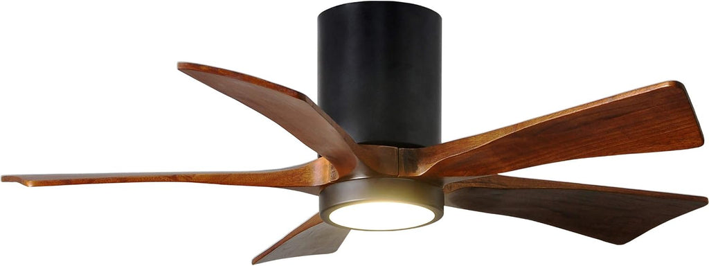 Matthews IR5HLK-BK-WA-42 Irene Damp Rated 42' Flush Mount Ceiling Fan with Light and Remote & Wall Control, Silent DC Motor, 5 Solid Wood Blades, Matte Black with Walnut Tone