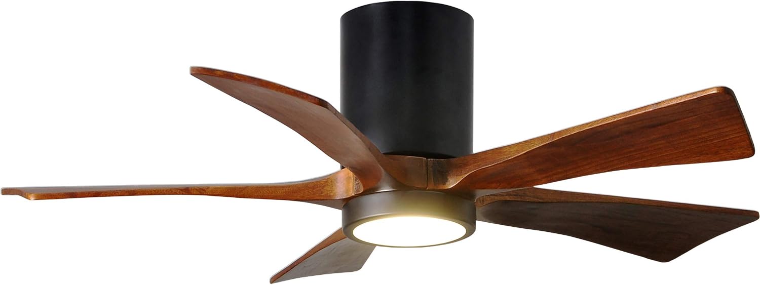 Matthews IR5HLK-BK-WA-42 Irene Damp Rated 42' Flush Mount Ceiling Fan with Light and Remote & Wall Control, Silent DC Motor, 5 Solid Wood Blades, Matte Black with Walnut Tone