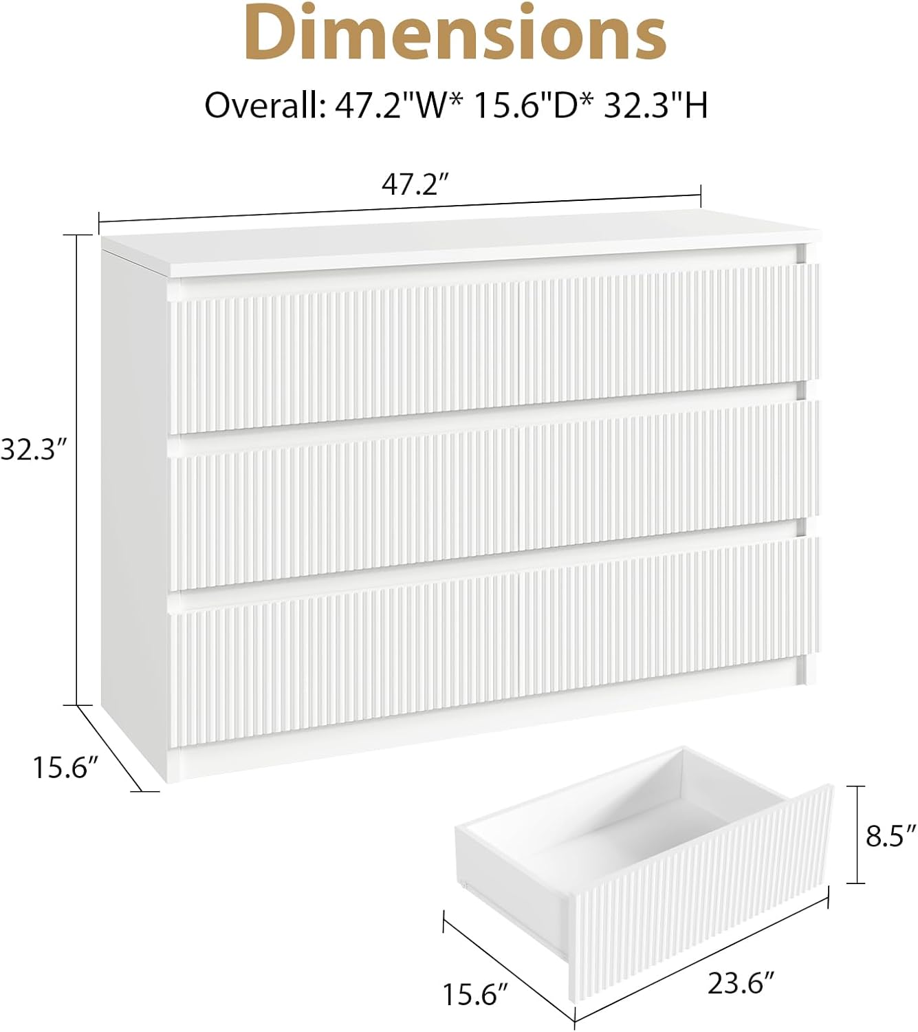 Jocoevol 6 Drawer Fluted Dresser, Modern Chest of Drawers for Bedroom with Hidden Handles, Wood Storage Organizer Cabinet for Living Room & Entryway, White (15.7' D x 47.3' W x 31.6' H)