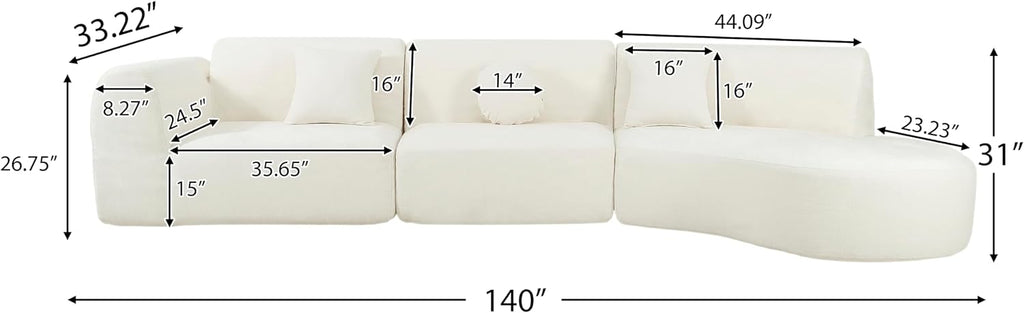 Christopher Knight Home Grelyn Modern Curved Modular Sectional Sofa, Wool Fabric Large Cloud Couch, 6-Seater L-Shaped Couch for Living Room, 3-Piece Lounge Sofa with Chaise, Fully Assembled, Beige