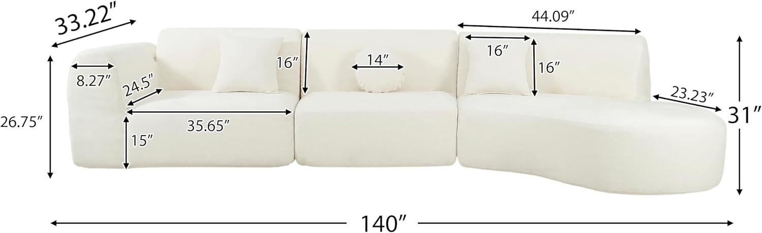 Christopher Knight Home Grelyn Modern Curved Modular Sectional Sofa, Wool Fabric Large Cloud Couch, 6-Seater L-Shaped Couch for Living Room, 3-Piece Lounge Sofa with Chaise, Fully Assembled, Beige