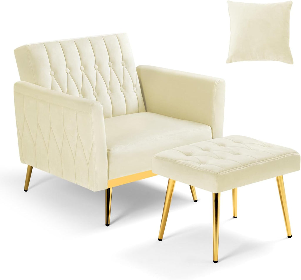 Velvet Accent Chair with Adjustable Armrests and Backrest, Button Tufted Lounge Chair, Single Recliner Armchair with Ottoman and Pillow for Living Room, Bedroom,Beige