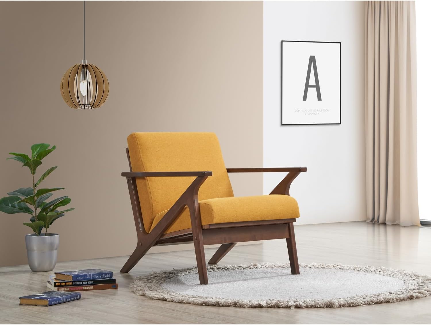 Zola Mid Century Modern Accent Chair Arm Chair: The Perfect Reading, Living Room, and Bedroom Chairs for Modern Home Furniture Use! Solid Wood Frame, Mustard/Walnut