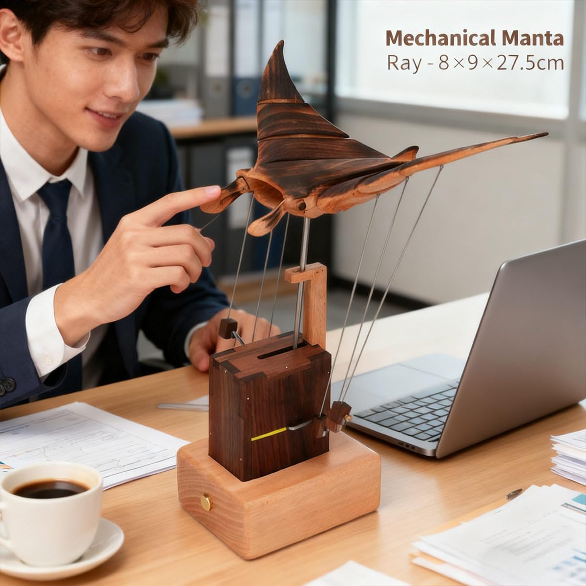 Wooden Mechanical ma-nta ra-y Dynamic Model, Kinetic Sculpture for Display