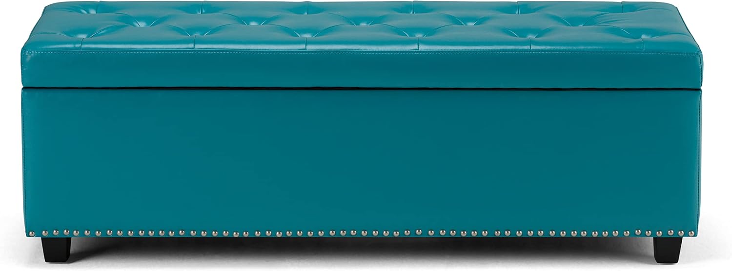 SIMPLIHOME Hamilton Storage Ottoman - 48 inch Wide Upholstered Vegan Leather Rectangle Storage Ottoman Bench in Mediterranean Blue, Traditional Tufted Ottoman for Living Room with Lift-Up Lid