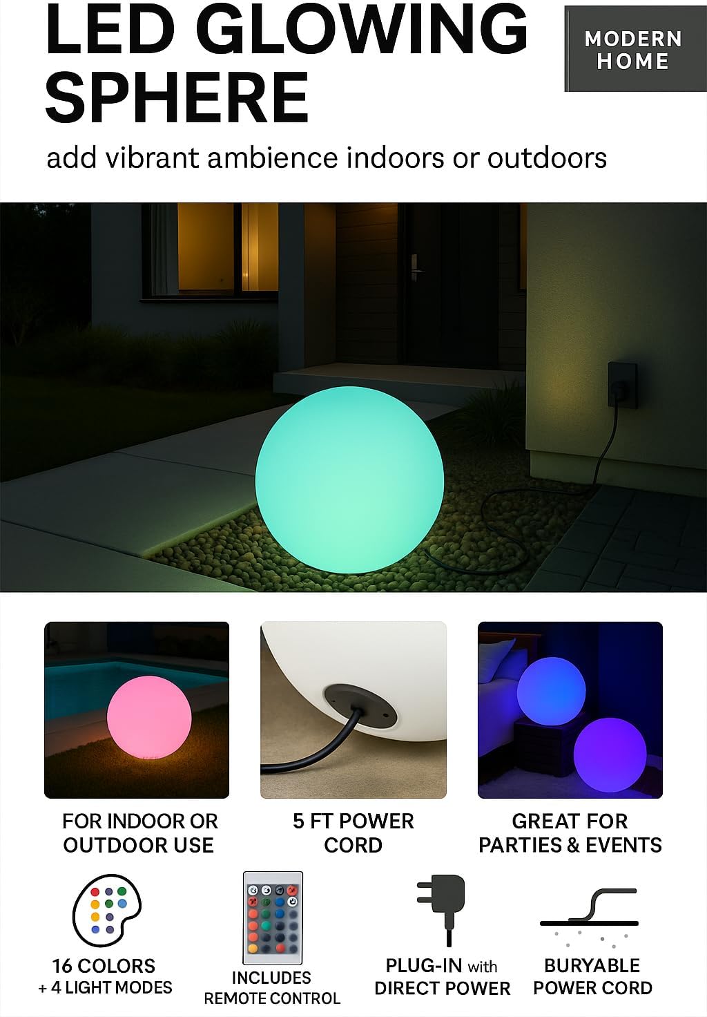 Modern Home Color-Changing LED Glow Ball - 16-Color Remote-Controlled Light Sphere w/Power Cord – Indoor/Outdoor Ambient Mood Lighting, Waterproof, Plug-in (20')