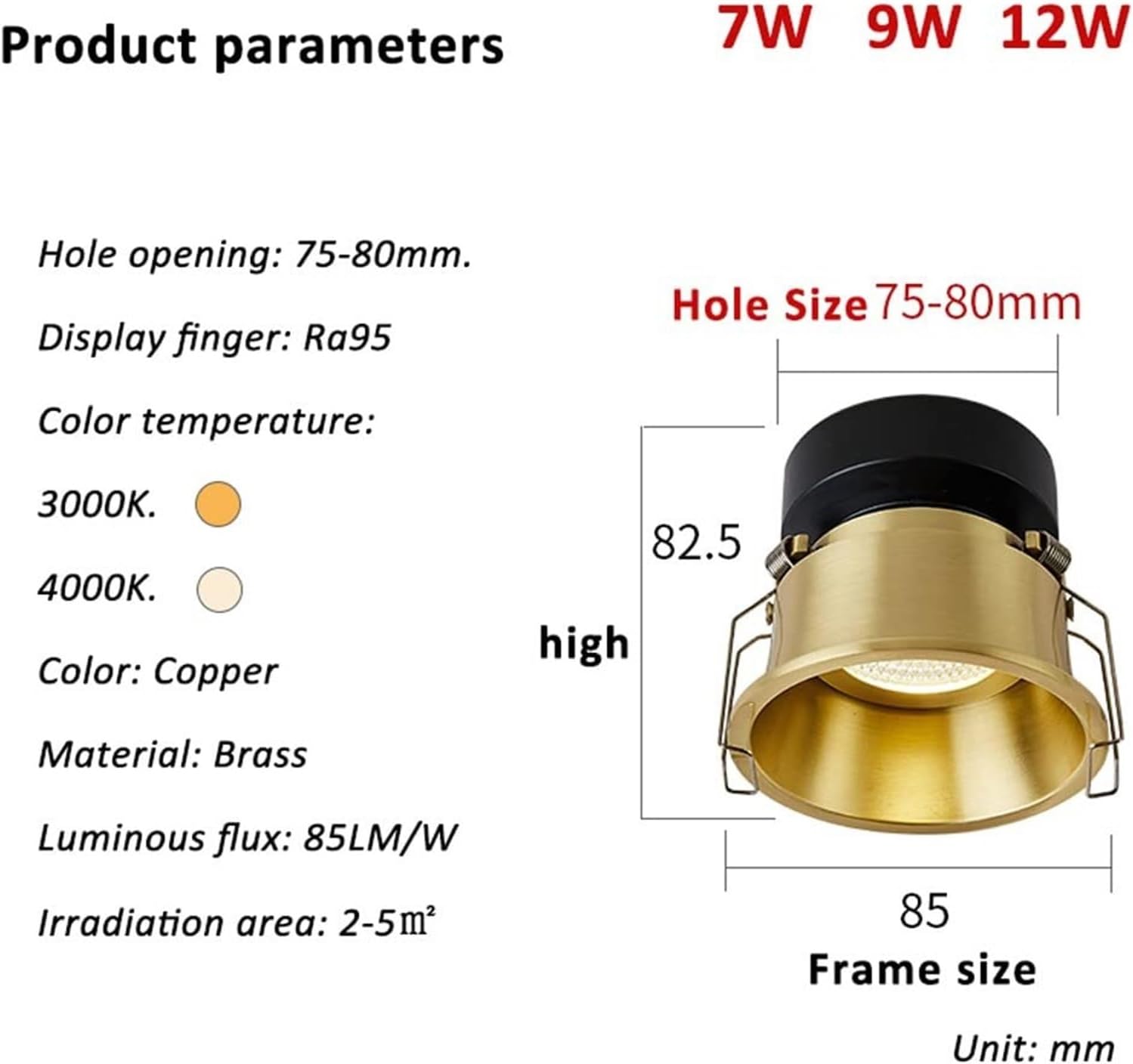 Brass Adjustable Canless Downlights COB Recessed Spotlights 3 Inch Eyeball Ceiling Spotlight Indoor Puck Lighting 7W, 9W, 12W