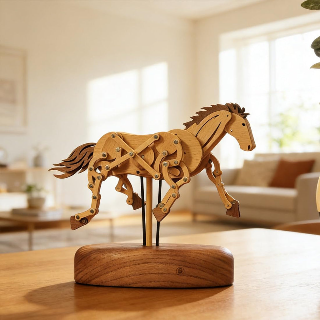 3D Wooden Qianli Horse Dynamic Model, Handmade Animals Sculpture with Traditional Mortise-and-Tenon Assembly, Desktop Relaxation Decor & Art Gift for Adults
