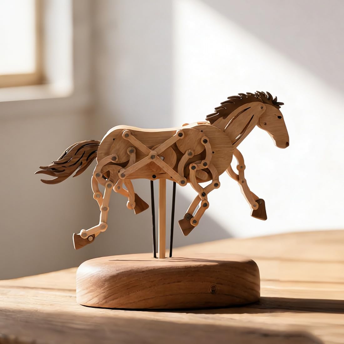 Wooden Running Horse Dynamic Model with Moving Mechanism, Handmade Solid Wood Animal Model, Kinetic Mechanical Wooden Art, Relaxing Desk & Shelf Decor for Bedroom & Office