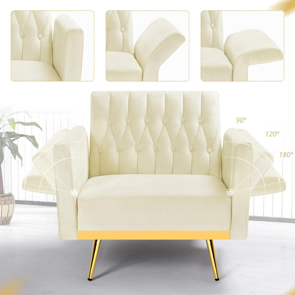 Velvet Accent Chair with Adjustable Armrests and Backrest, Button Tufted Lounge Chair, Single Recliner Armchair with Ottoman and Pillow for Living Room, Bedroom,Beige