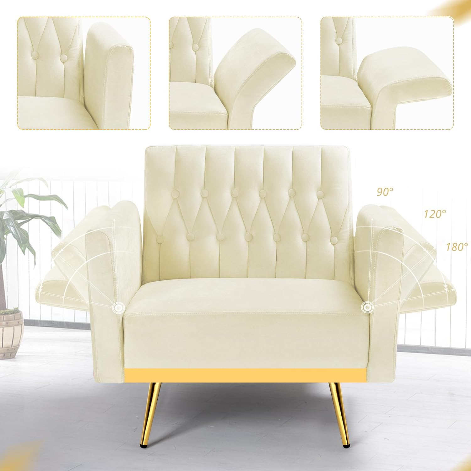 Velvet Accent Chair with Adjustable Armrests and Backrest, Button Tufted Lounge Chair, Single Recliner Armchair with Ottoman and Pillow for Living Room, Bedroom,Beige