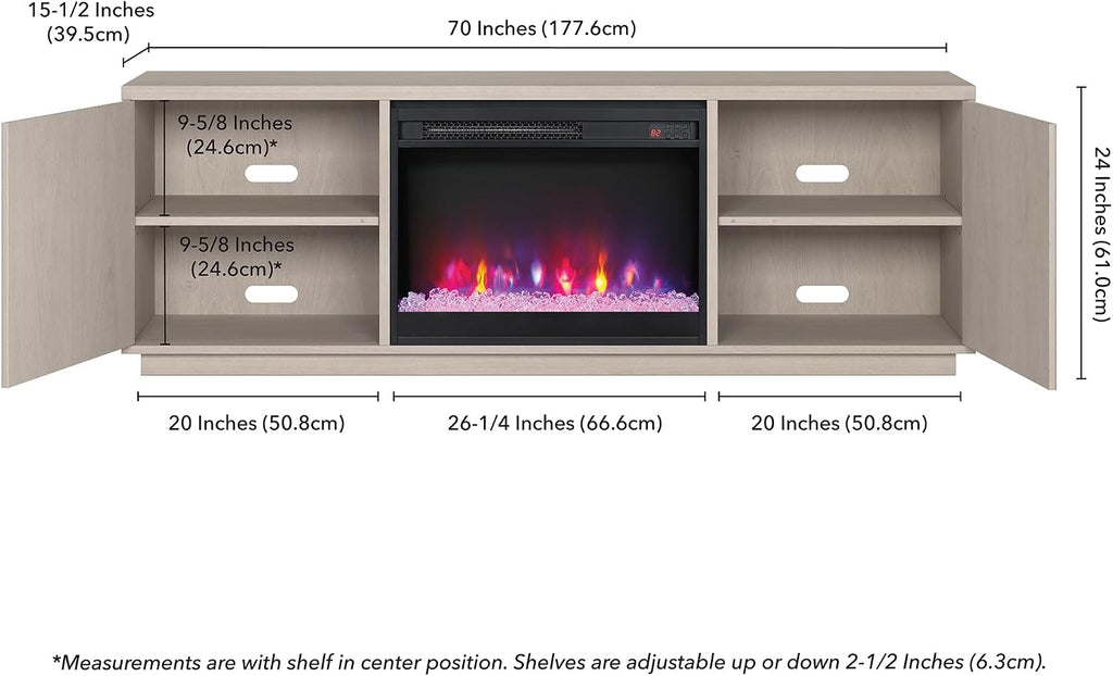 Henn&Hart Fluted TV Stand for TVs up to 75' with 26' Electric Crystal Rocks Fireplace and Ribbed Side Storage Cabinets for Living Room, Family Room, or Office, Beech White