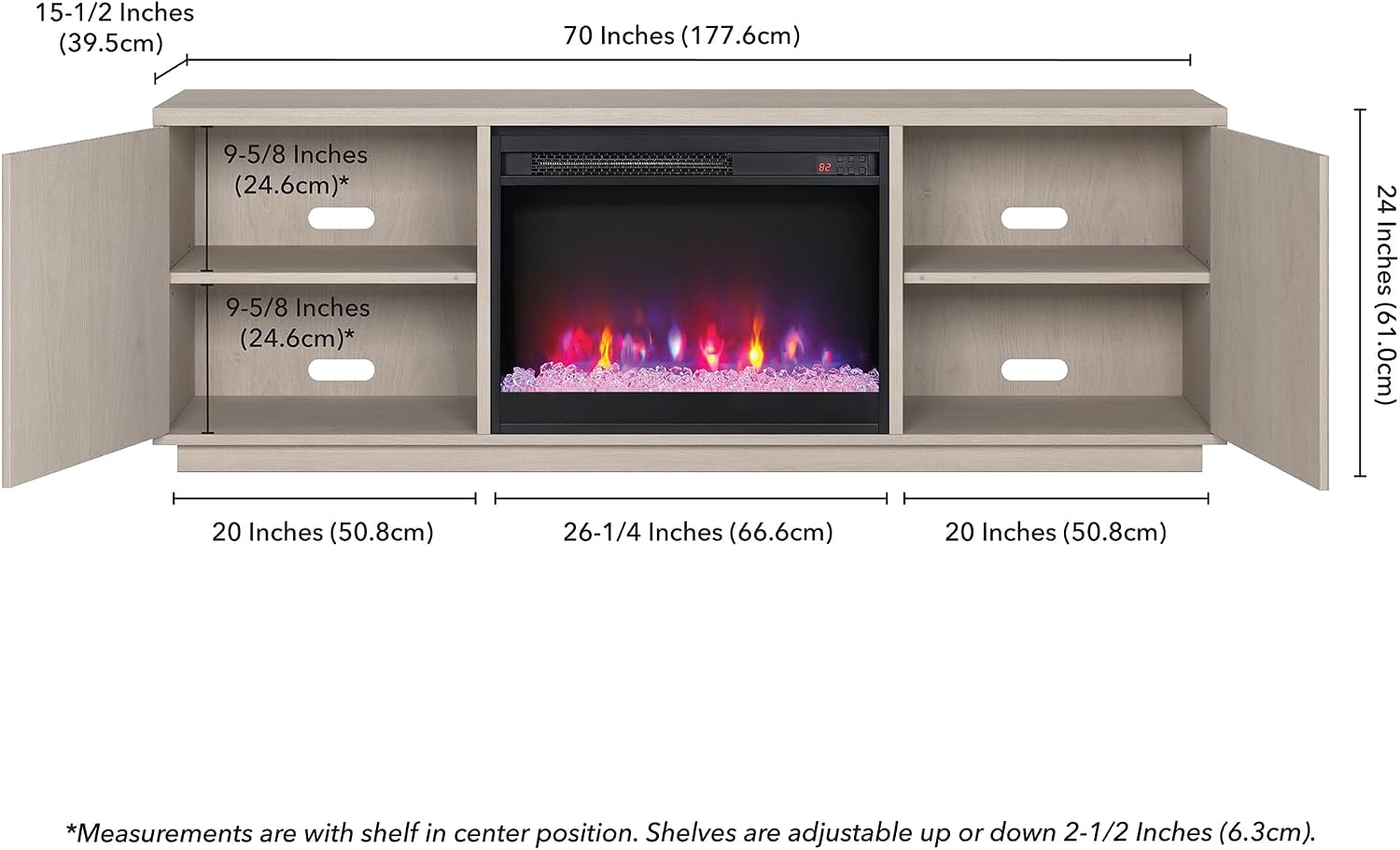Henn&Hart Fluted TV Stand for TVs up to 75' with 26' Electric Crystal Rocks Fireplace and Ribbed Side Storage Cabinets for Living Room, Family Room, or Office, Beech White