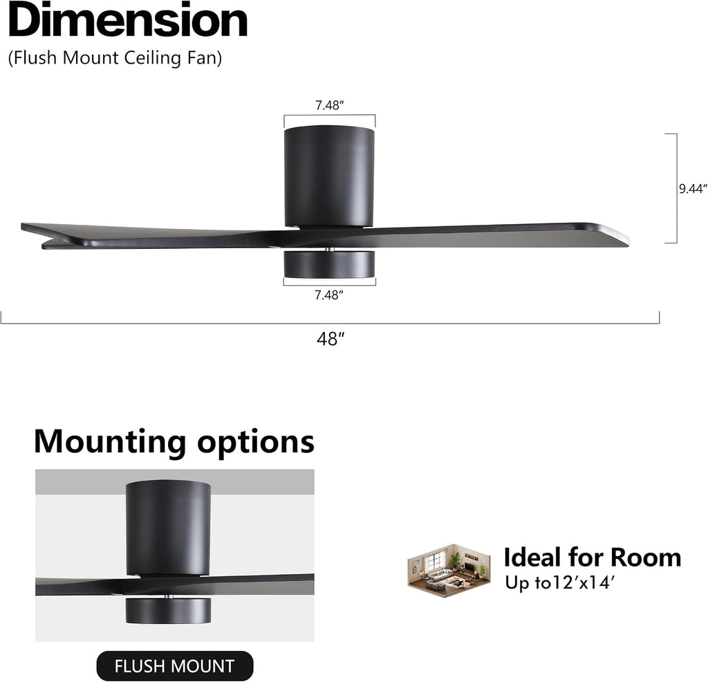 WINGBO 48 Inch Flush Mount DC Ceiling Fan with Lights and Remote, 5 Reversible Carved Wood Blades, 6-Speed Noiseless DC Motor, Hugger Ceiling Fan in Black Finish, Low Profile Ceiling Fans, ETL Listed