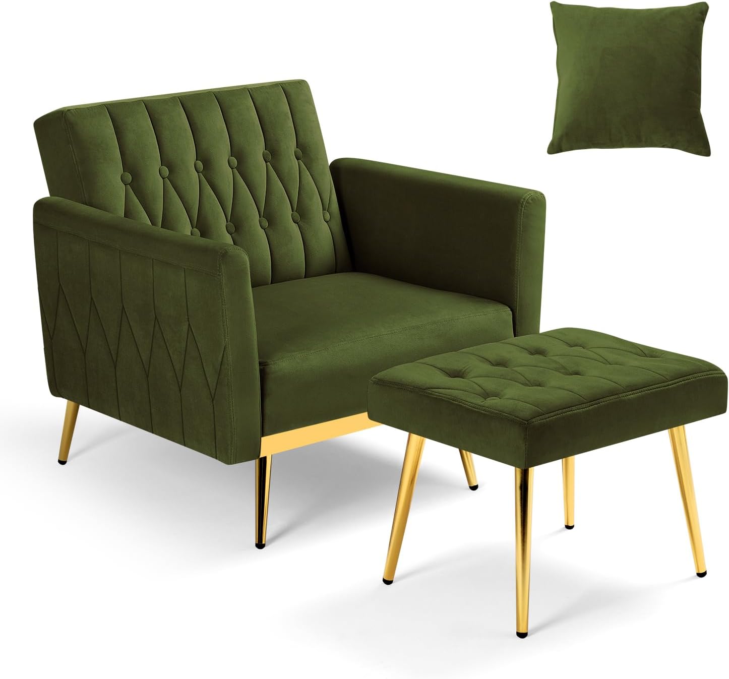 Velvet Accent Chair w/Adjustable Armrests and Backrest, Button Tufted Lounge Chair, Single Recliner Armchair with Ottoman and a Pillow for Living Room, Bedroom,Olive Green
