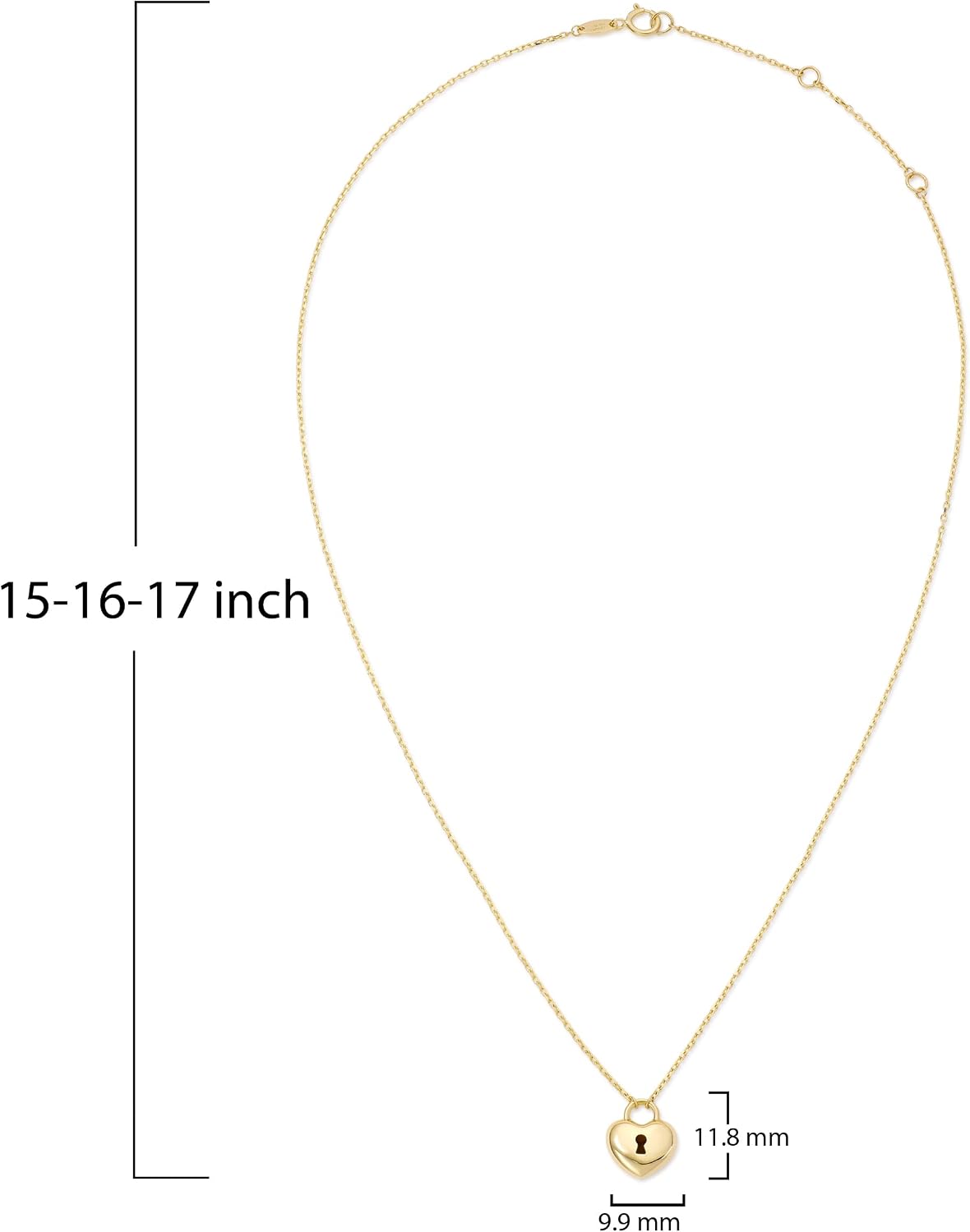 Amanda Rose Collection 10K or 14K Yellow Gold High Polish Padlock Heart Charm Pendant Necklace for Women, Adjustable 15–17 Inch Cable Chain