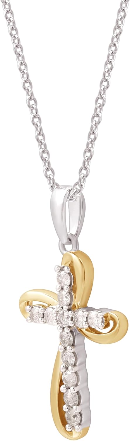 GILDED 14K Yellow Gold over 925 Sterling Silver Necklace for Women with Natural Diamond and Twist Cross Pendant, 14K Gold Plated over Sterling Silver, 925 Sterling Silver, 18' Cable Chain, 1/4 Carat Total Weight Diamonds & Elegant Gift Box Included