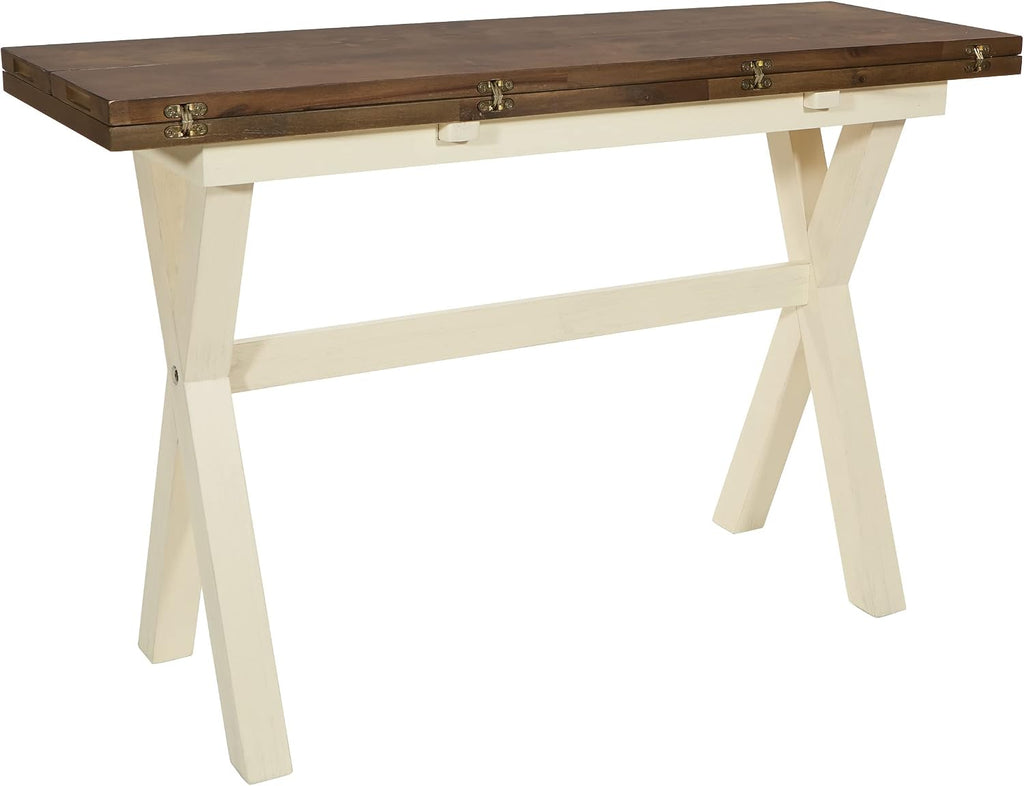 OSP Home Furnishings Albury Farmhouse-Style Flip Top Table with Two-Tone Finish, Antique White Base and Wood Stain Top