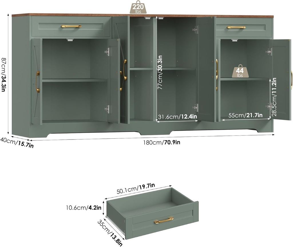 BOTLOG 71' Large Sideboard Buffet Cabinet with Storage, Farmhouse Kitchen Buffet Cabinet with Adjustable Shelves and 6 Barn Doors, Wood Coffee Wine Bar Console Table for Kitchen, Dining Room, Green
