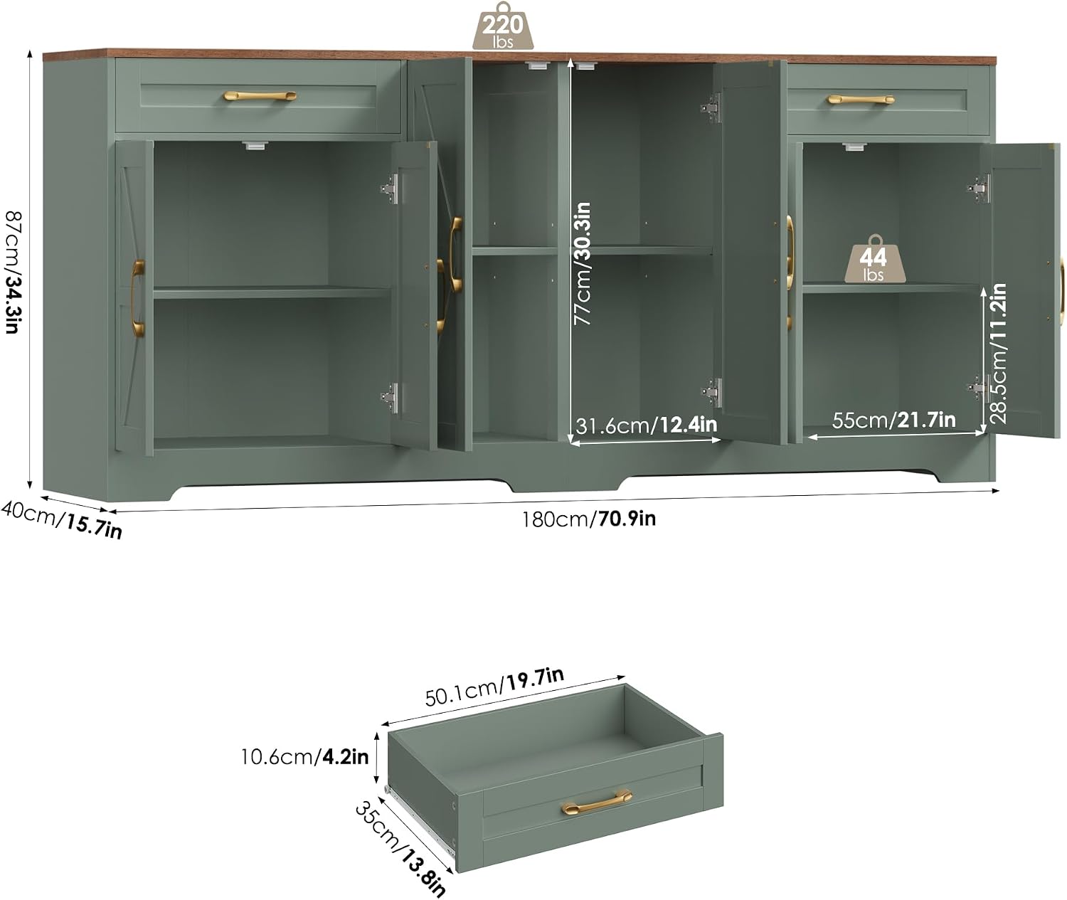 BOTLOG 71' Large Sideboard Buffet Cabinet with Storage, Farmhouse Kitchen Buffet Cabinet with Adjustable Shelves and 6 Barn Doors, Wood Coffee Wine Bar Console Table for Kitchen, Dining Room, Green