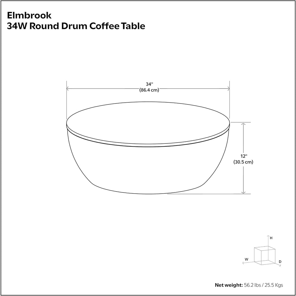 SIMPLIHOME Elmbrook Coffee Table - 34 inch Wide Solid Mango Wood Modern Industrial Round Drum Cocktail Table in Natural Blonde, Sculptural Living Room Table with Low Profile Design, Assembled
