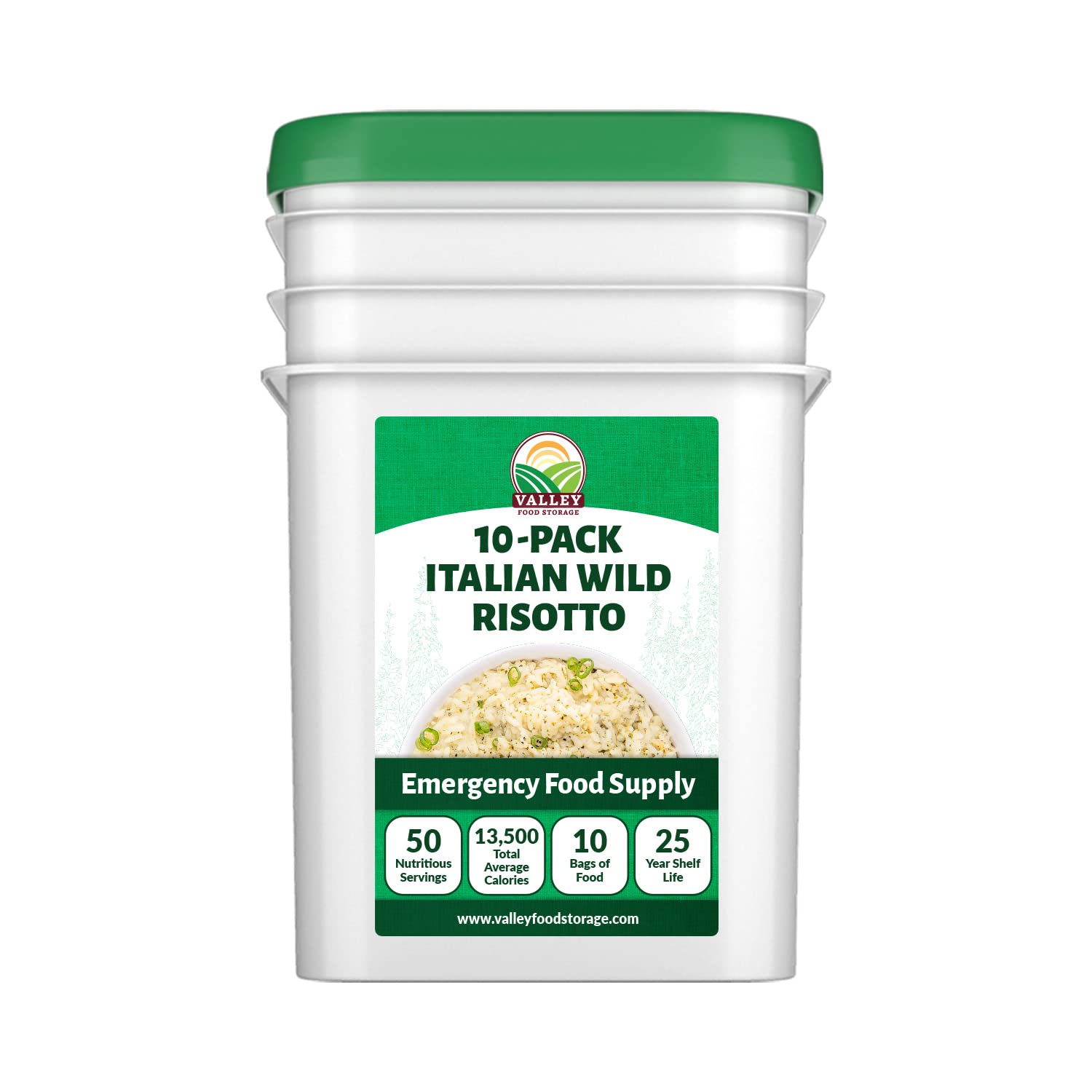 Valley Food Storage Italian Wild Risotto | 10-Bag Bucket, 50 Servings | Premium Emergency Food Supply, 25 Year Shelf Life | Survival Meal Kits, Prepper Food, Camping & Off-Grid Living | Packaged in USA