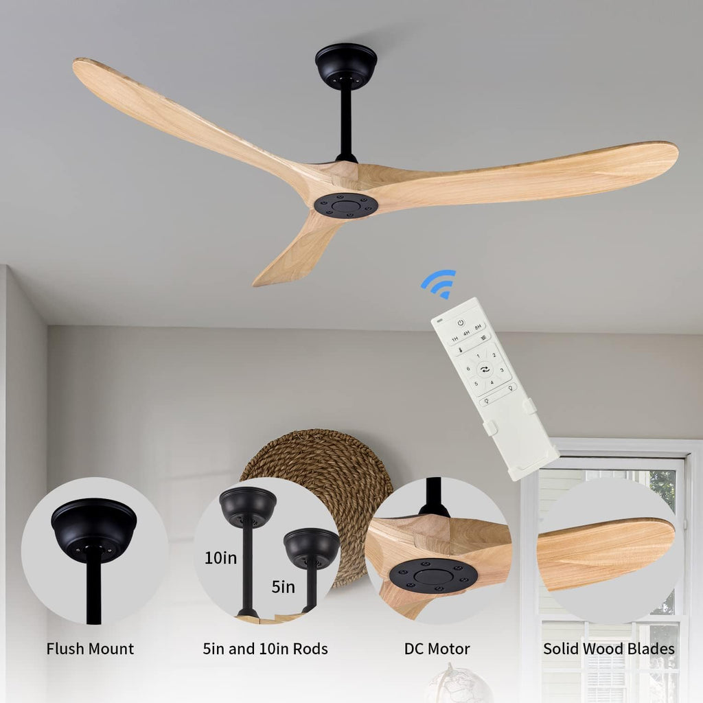 60' Modern Ceiling Fan, Bedroom Fan With Remote Control, 2 Downrods, Reversible DC Motor 27W Quiet Energy Saving