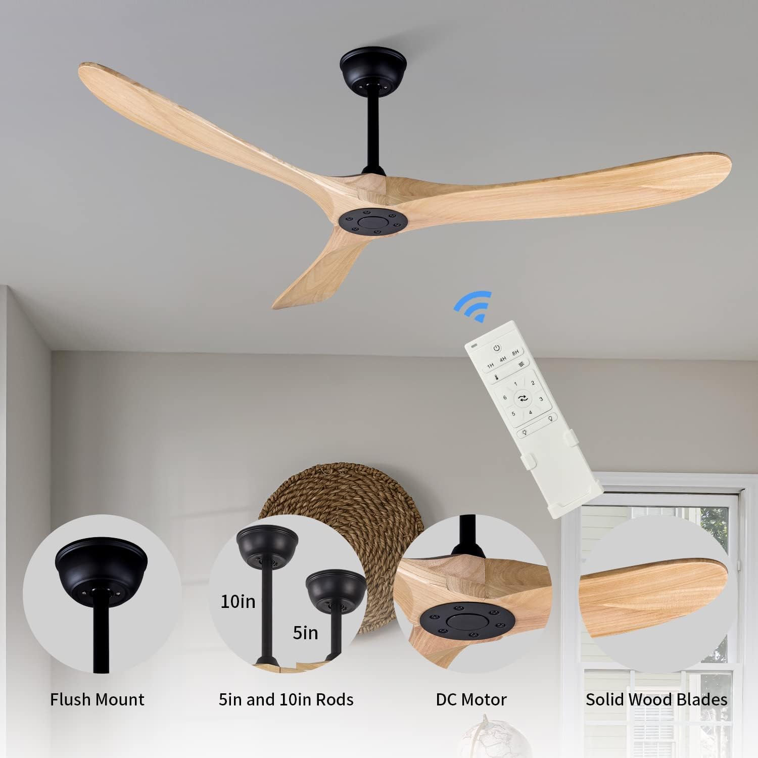 60' Modern Ceiling Fan, Bedroom Fan With Remote Control, 2 Downrods, Reversible DC Motor 27W Quiet Energy Saving