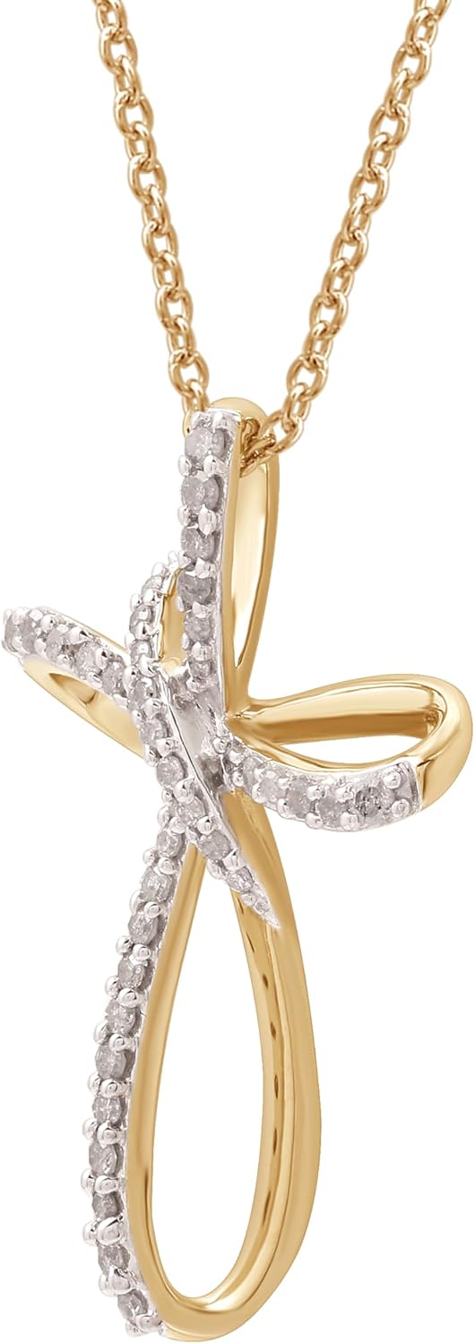GILDED 14K Yellow Gold over 925 Sterling Silver Necklace for Women with Natural Diamond and Twist Cross Pendant, 14K Gold Plated over Sterling Silver, 925 Sterling Silver, 18' Cable Chain, 1/4 Carat Total Weight Diamonds & Elegant Gift Box Included