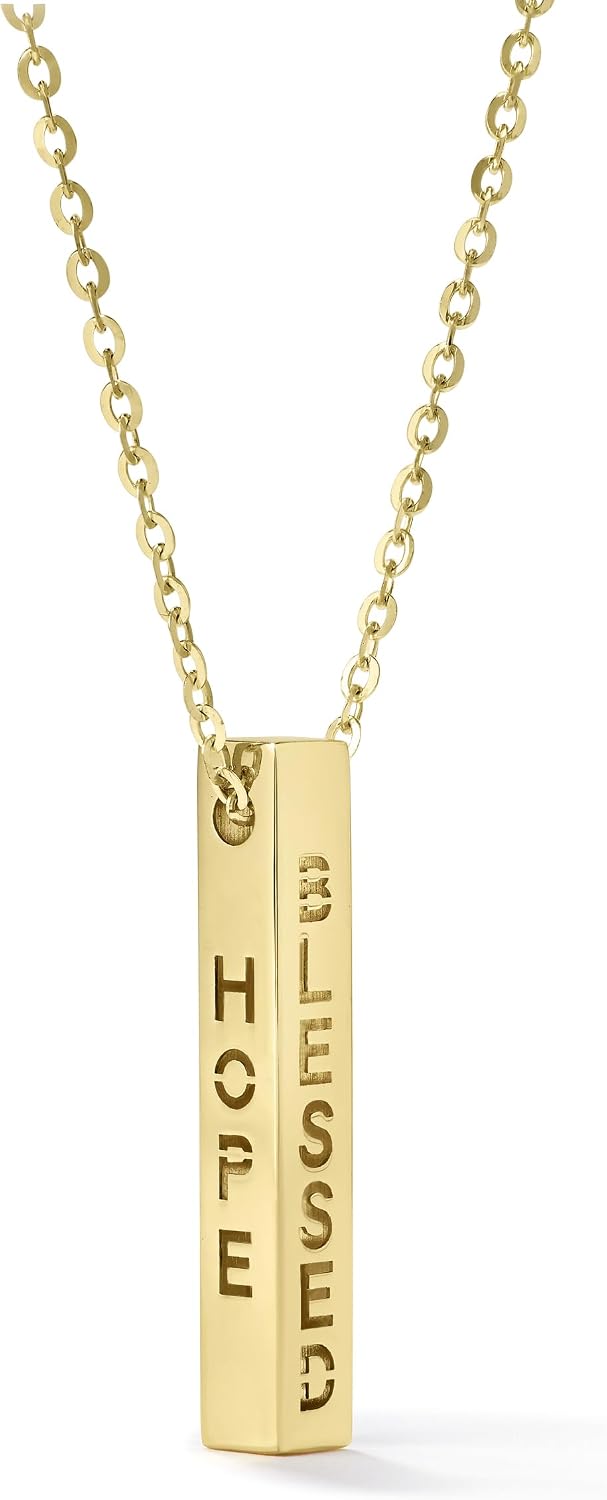 Amanda Rose Collection 10K & 14K Yellow Gold Hope Believe Faith Blessed Rectangular Bar Pendant Necklace for Women, Adjustable 16–18 Inch Cable Chain with Lobster Clasp