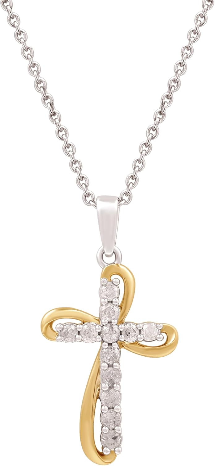 GILDED 14K Yellow Gold over 925 Sterling Silver Necklace for Women with Natural Diamond and Twist Cross Pendant, 14K Gold Plated over Sterling Silver, 925 Sterling Silver, 18' Cable Chain, 1/4 Carat Total Weight Diamonds & Elegant Gift Box Included