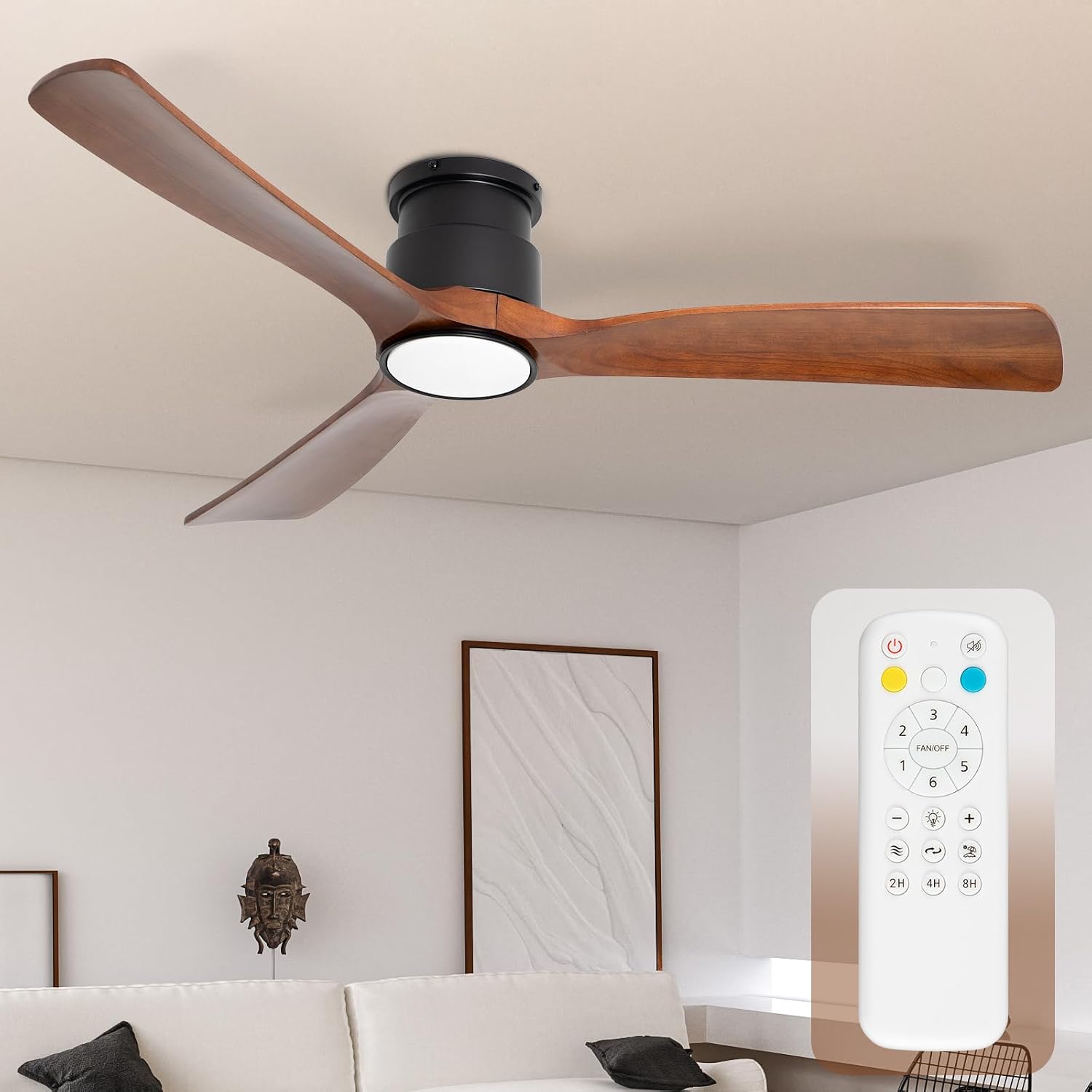 52inches Ceiling Fan with Lights,Wooden Flush Mount Ceiling Fans with Remote Control,Dimmable Light,3 CCT,6 Speeds,Noiseless DC Motor,Ceiling Fan for Bedroom,Living Room,Office,Indoor,Dark Brown