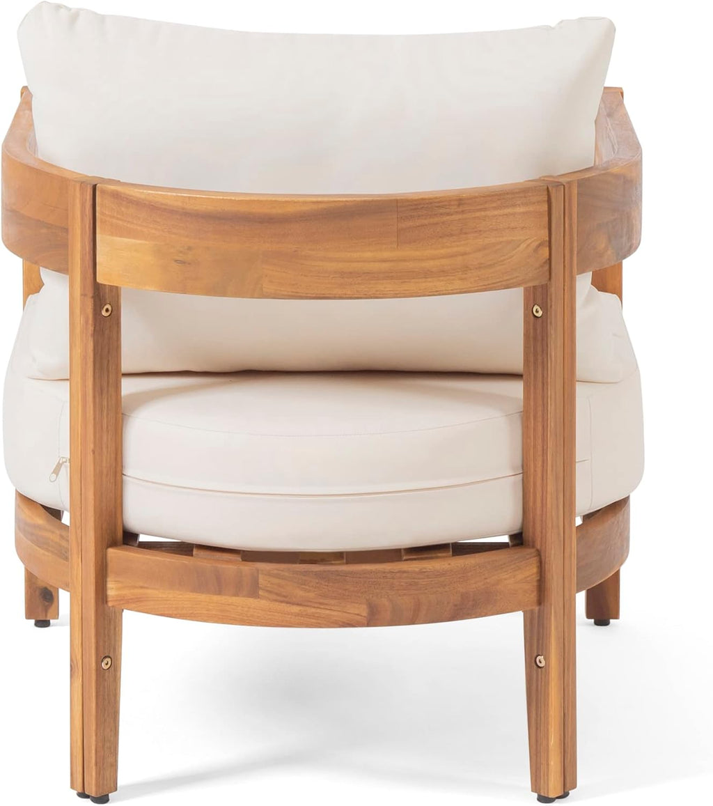 Christopher Knight Home Nadine Outdoor Accent Chair, Acacia Wood Club Chair, Tub Shape Design Armchair, Comfort Cushions Seating, Slat Open Back Reading Sofa for Balcony Backyard Garden, Teak+Beige
