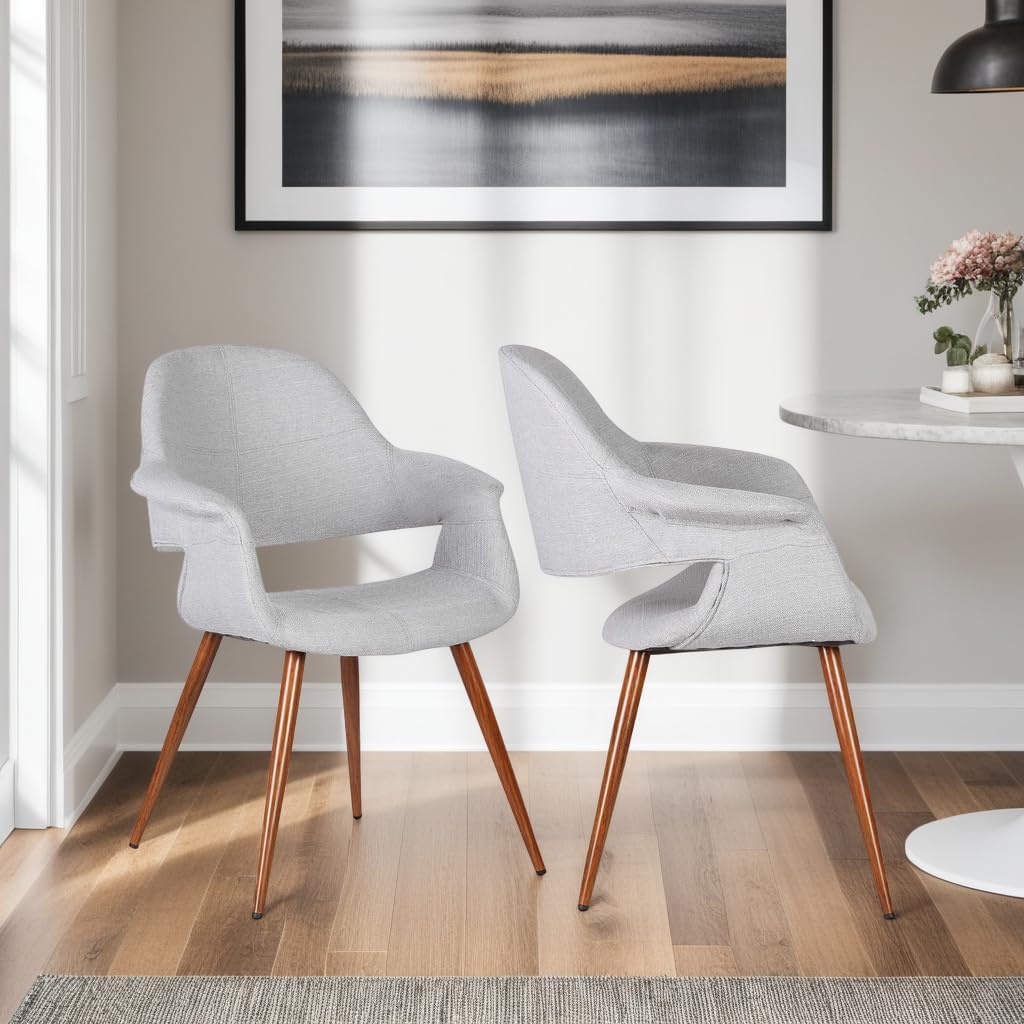 Armen Living Phoebe Mid Century Modern Accent Chair for Dining Table Kitchen Desk Vanity in Gray Fabric and Walnut Wood Finish