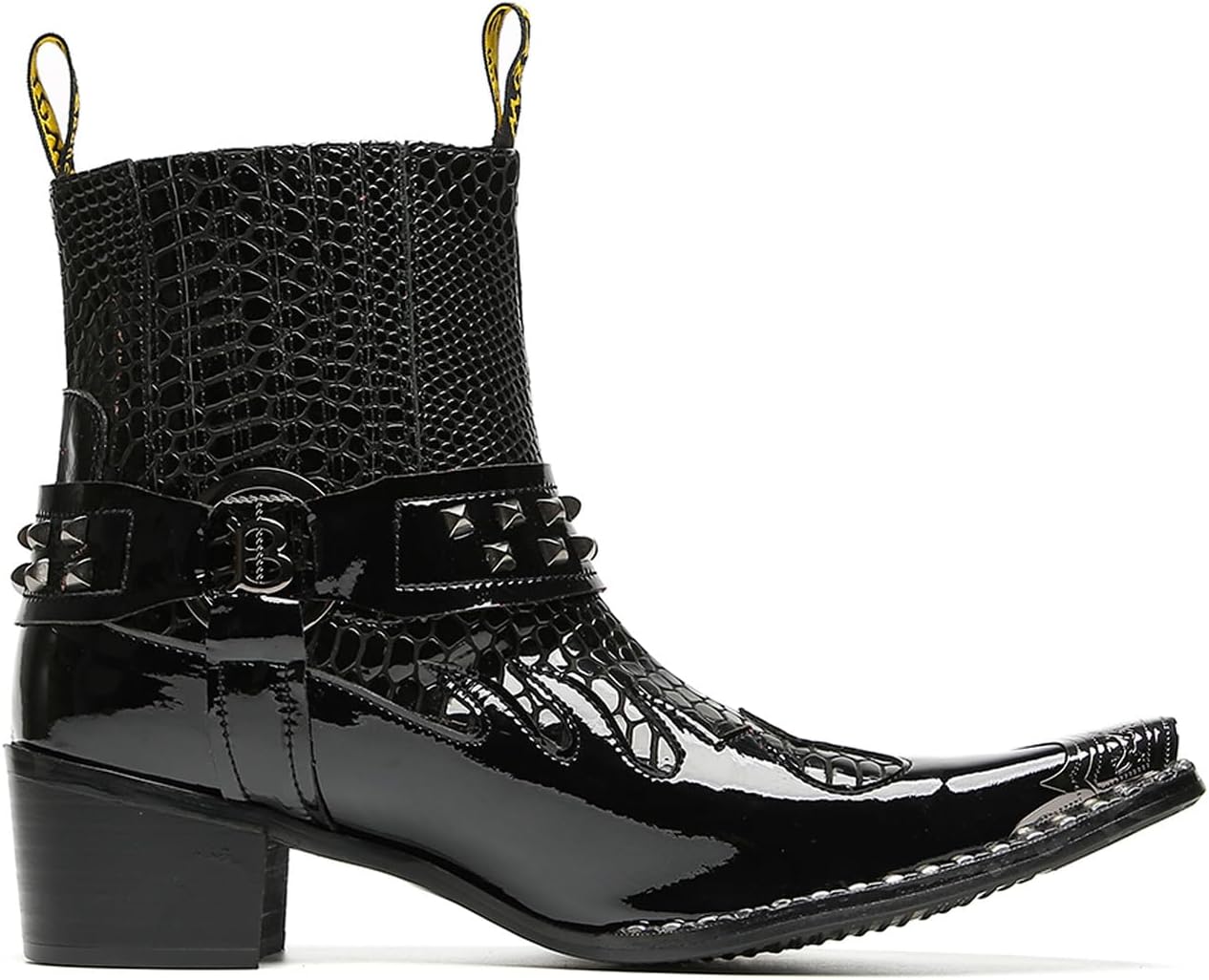 Santimon Men's Genuine Leather Western Chelsea Cowboy Boots | Mid-Top with Metallic Wingtip Toe & Snakeskin Buckle | Dress-to-Casual for Stage, Neon Nights