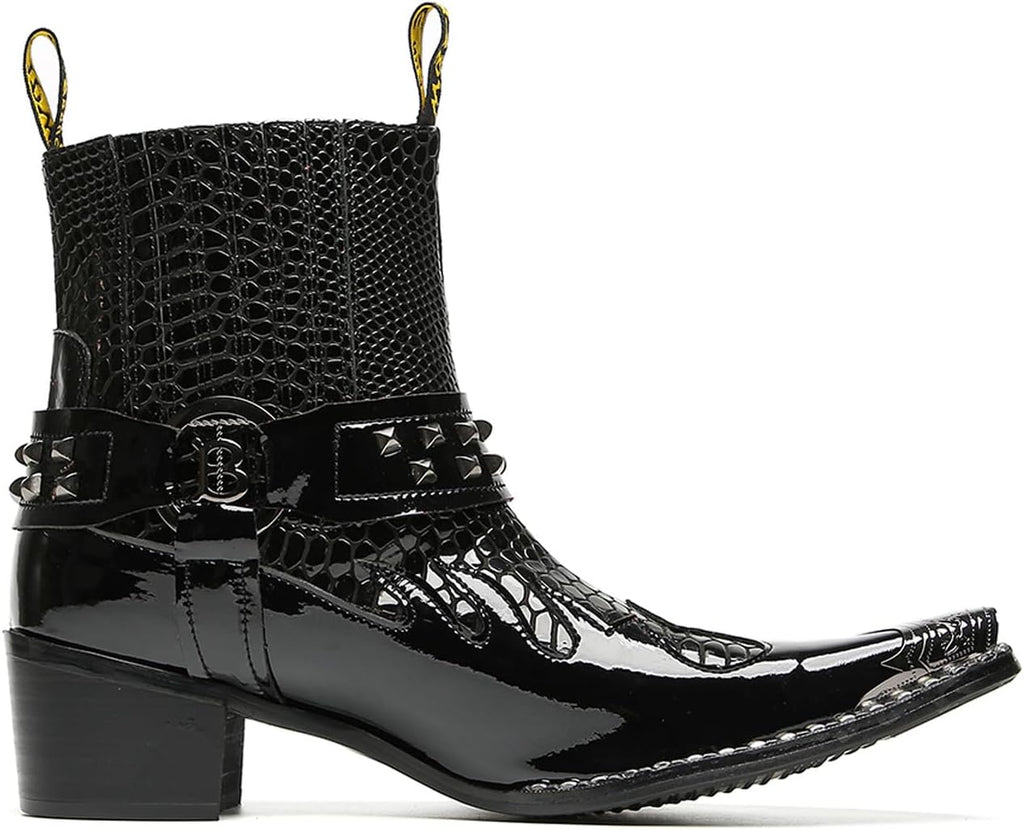 Santimon Men's Genuine Leather Western Chelsea Cowboy Boots | Mid-Top with Metallic Wingtip Toe & Snakeskin Buckle | Dress-to-Casual for Stage, Neon Nights