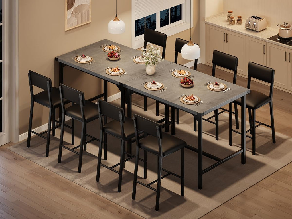 GarveeHome Dining Table Set for 4 with Corner Protector, Kitchen Table Set w/Footrest & Backrest, Counter Height Table with 4 Upholstered Bar Chairs, for Small Space, Retro Gray