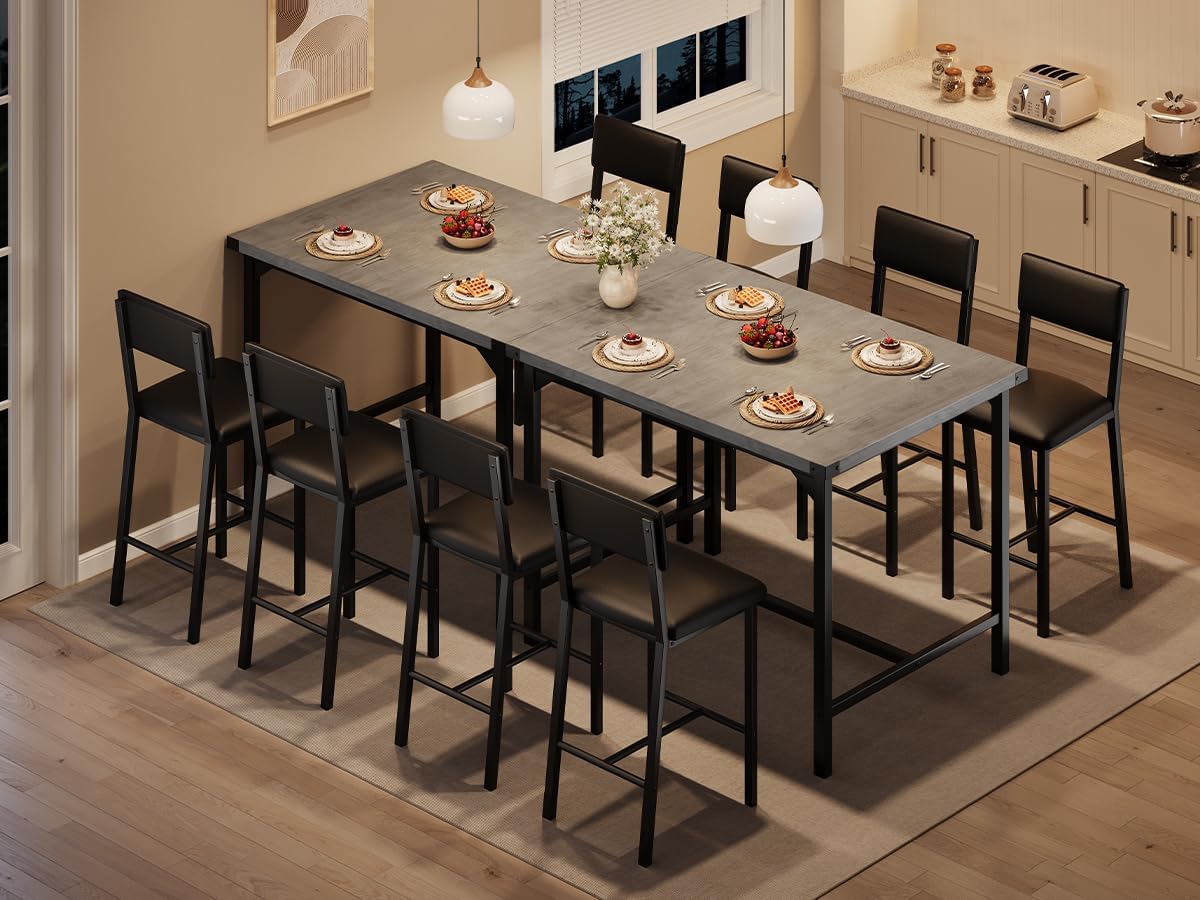 GarveeHome Dining Table Set for 4 with Corner Protector, Kitchen Table Set w/Footrest & Backrest, Counter Height Table with 4 Upholstered Bar Chairs, for Small Space, Retro Gray