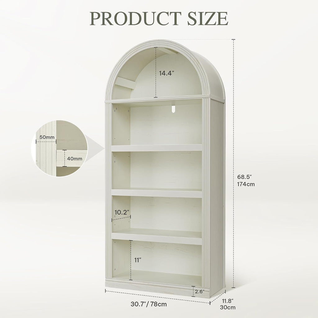 YITAHOME Vintage 68.5' Tall Arched Bookshelf, Tall Bookcase 5 Tiers Arched Bookcase with Storage, White Bookshelf Display Storage Rack with Adjustable Shelves for Living Room, Office, Antique White