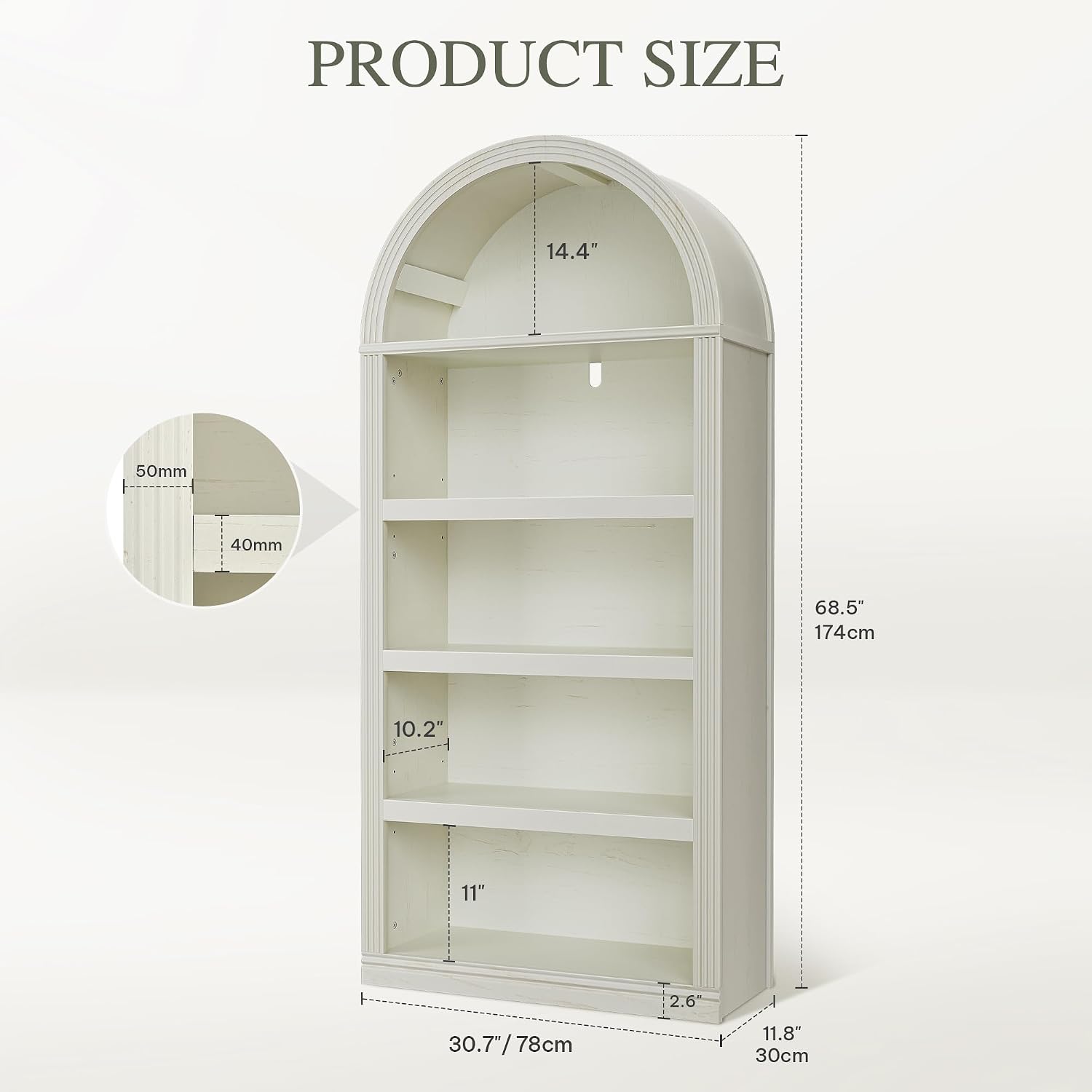 YITAHOME Vintage 68.5' Tall Arched Bookshelf, Tall Bookcase 5 Tiers Arched Bookcase with Storage, White Bookshelf Display Storage Rack with Adjustable Shelves for Living Room, Office, Antique White