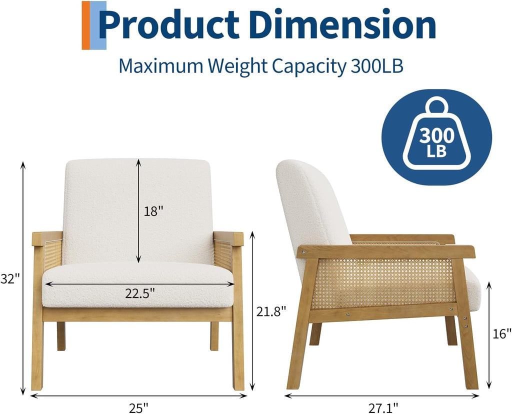 Garvee Boucle Accent Chair, Rattan Armchair with Wooden Frame, High Back, Upholstered Reading Chair Leisure Chairs for Living Room Bedroom Waiting Room Reception, White
