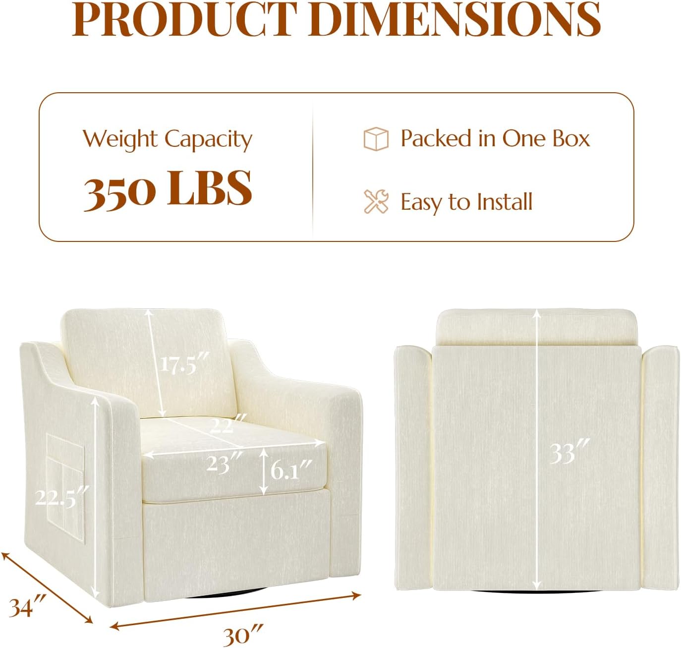 360° Swivel Accent Chair, Large Comfy Reading Chair, Square Single-Seat Armchair Upholstered Sofa for Reading, Nursery, Living Room, Bedroom, Lounge, Hotel, Beige