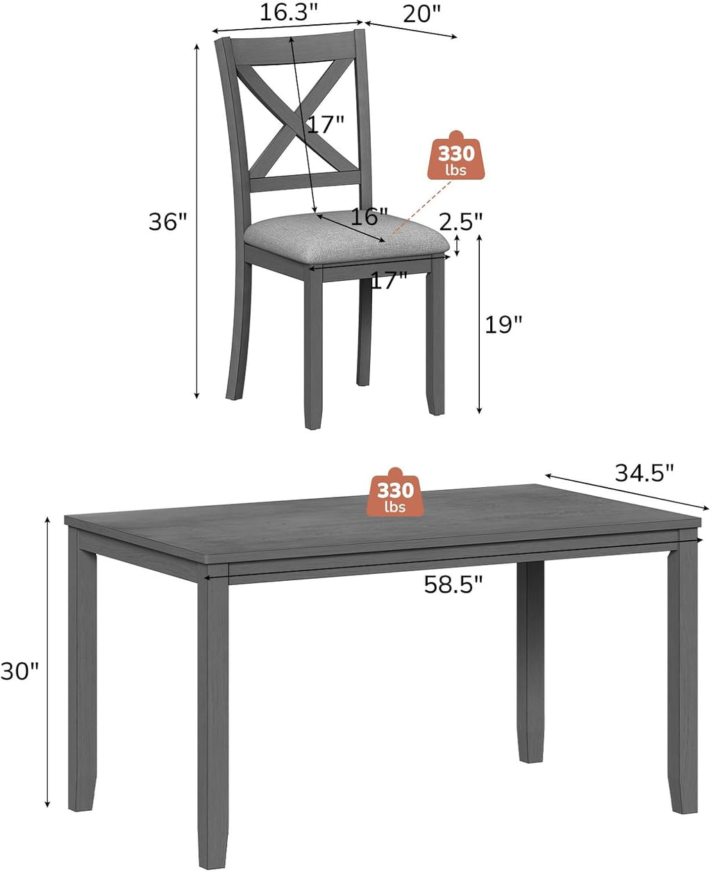 Zevemomo 7-Piece Solid Wood Dining Table Set with 6 Upholstered Chairs, Space Saving Dinner Table & Chairs Set, Farmhouse Wooden Legs Dining Table Set for Living Room, Kitchen, Grey