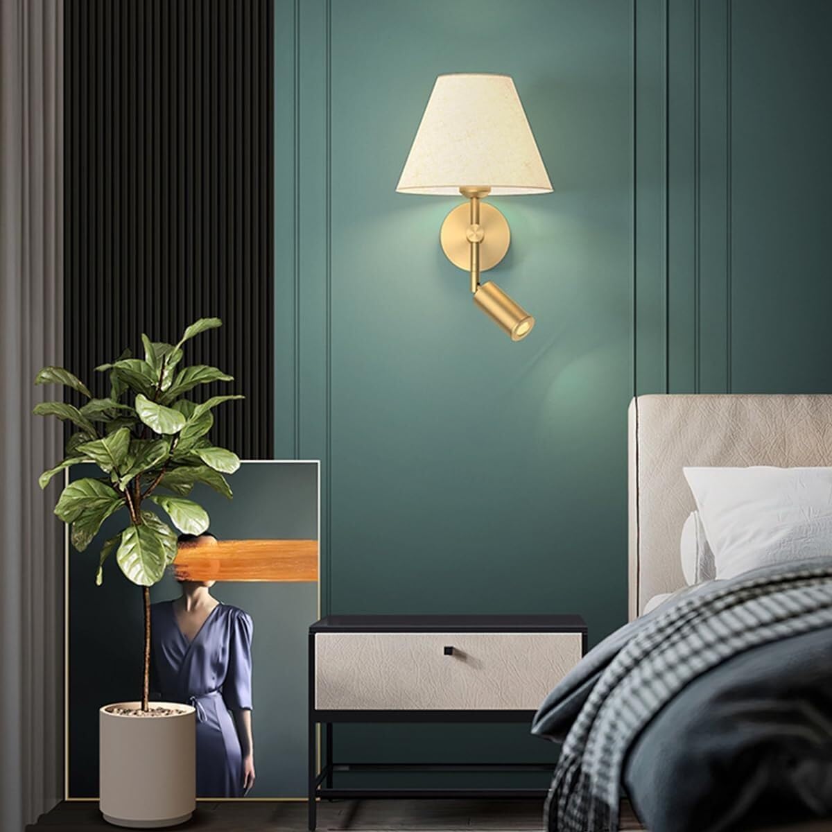 White Fabric Wall Light All Copper Wall Lamps Bedside Reading Lamp Wall Sconce with Spotlight Indoor Wall Mounted Light E27 Base Wall Lighting for Living Room Restaurant Loft Kitchen Oldsix-66