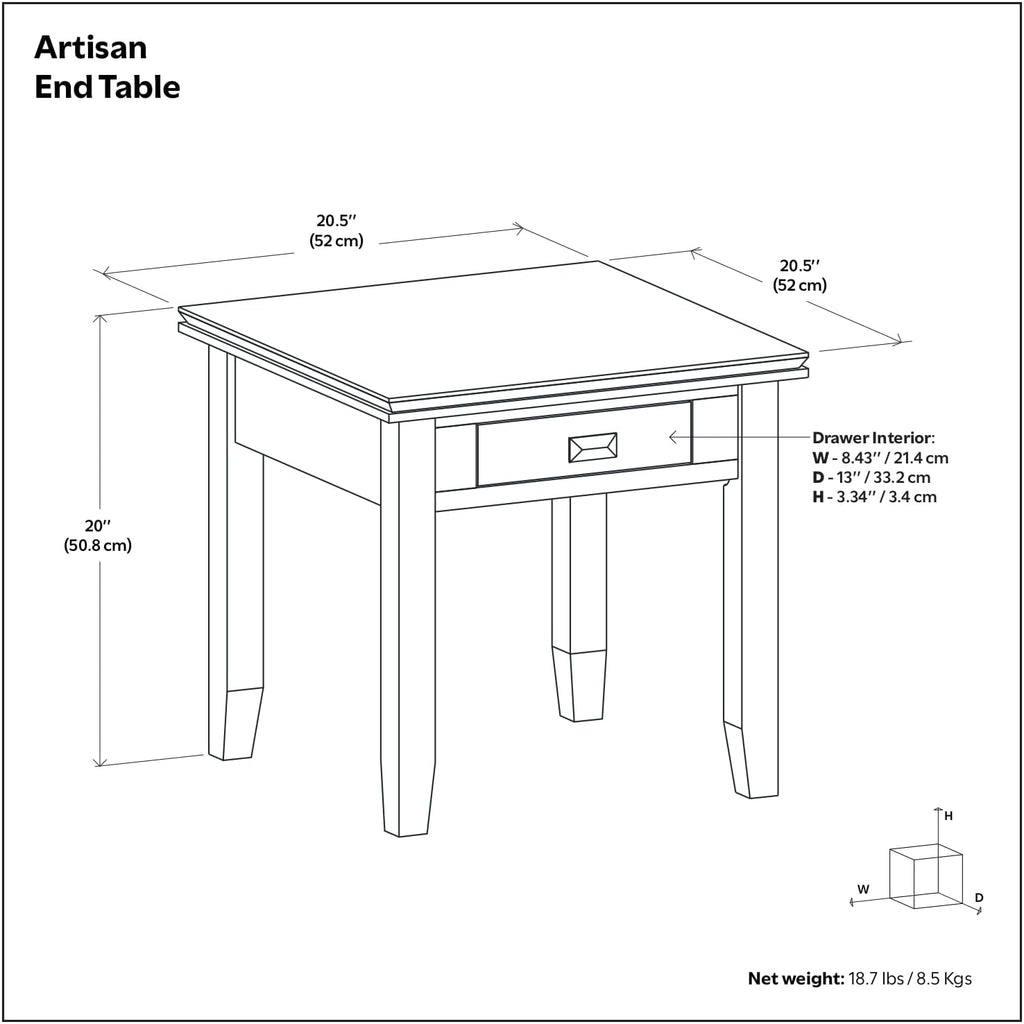 SIMPLIHOME Artisan End Table - 21 inch Wide Solid Wood Square Side Table with Drawer in Russet Brown, Transitional Nightstand or Lamp Stand for Living Room, Bedroom, or Entryway with Tapered Legs