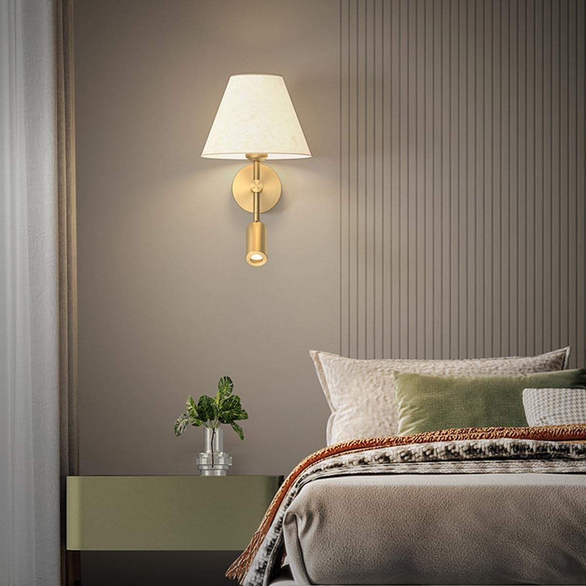 White Fabric Wall Light All Copper Wall Lamps Bedside Reading Lamp Wall Sconce with Spotlight Indoor Wall Mounted Light E27 Base Wall Lighting for Living Room Restaurant Loft Kitchen Oldsix-66