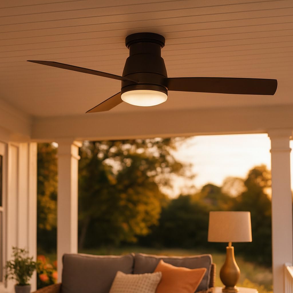 Hinkley Trey 52' Smart Ceiling Fan, Integrated LED, Wet Rated, Flush Mount, 6-Speed DC Motor, Composite Blades, HIRO Remote, Matte Black Finish