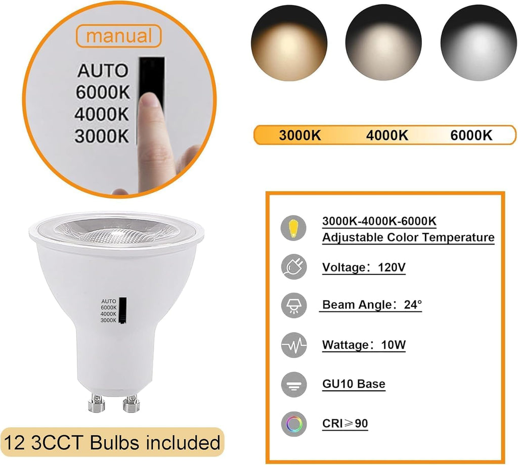 Black Dimmable LED Track Lighting Kit, 3CCT 10W Track Lighting Heads 3000K/4000K/6000K Adjustable with 13FT H-Type Track Light Rails 12PCS Ceiling Spotlight Fixture Replaceable GU10 Bulbs