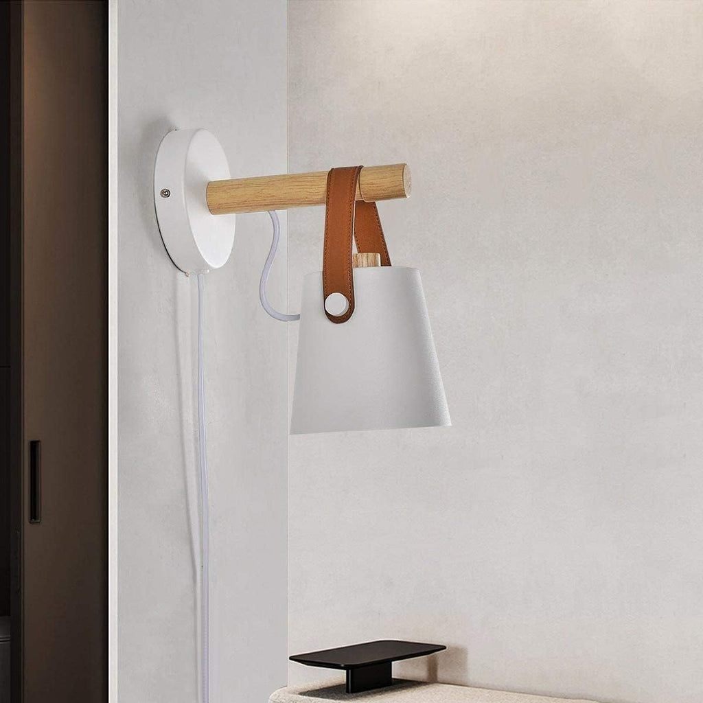 Wall Lamps for Bedroom White Plug in Wall Sconces Indoor Wall Lighting fixtures Industrial E26 lamp Holder with Wooden and Leather lamp Wall for Nightstand Vanity Mirror or Farmhouse Aisle Corridor