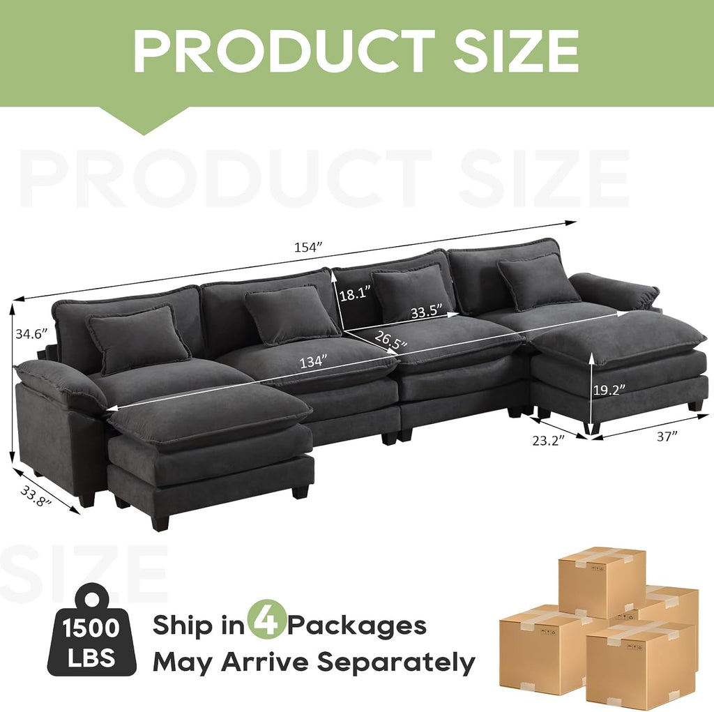 Oprisen 154' Modular Sectional Sofa, Comfy Cloud Couch Sectional Sofa with Ottoman, Velvet Sofa Sleeper Deep Seat Sofa with Throw Pillows for Living Room (Blue Gray, 154'- U Shape)